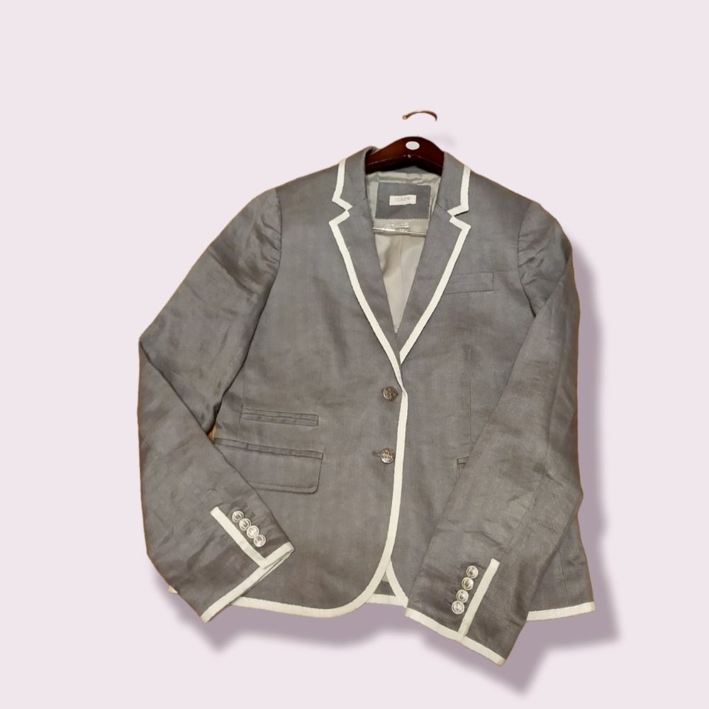 J Crew Keating Boy Blazer (Grey Linen) tipped with Cream ribbon trim Size 6